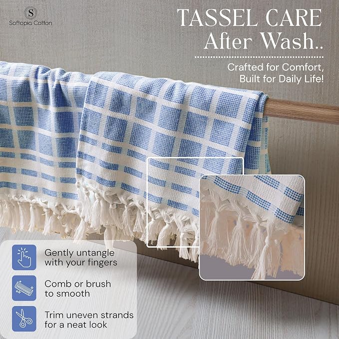 Matrix Dobby Kitchen Towels 12 Pack, 100% Cotton, 16x26 Inches, Handmade Knotted Tassel Dish Towels, Quick Dry, Durable, Absorbent and Reusable Cleaning Cloths - Sky Blue, Natural