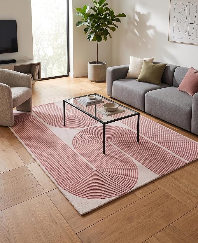 Modern Handmade Wool Area Rug, Abstract Curved Line Geometric Indoor Carpet for Living Room Bedroom, Contemporary Tufted Rug with Soft Pile and Cotton Backing (Dusty Rose, 9' x 12')