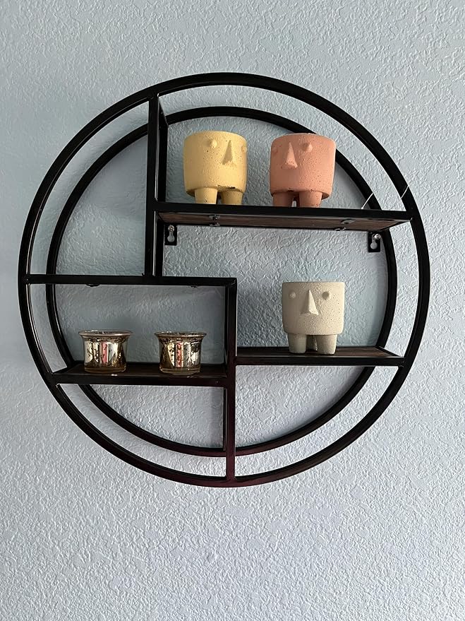 Admired By Nature, 18" Mounted Iron Circle Hanging Storage Shelving Floating Shelf 4 Tier Floating Circular Wall Decor Round Decorative Hanging Shelves, Sphere Shape Wall Shelf For Home, Black, 1 unit