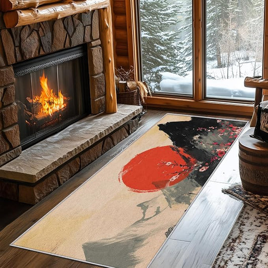 Japanese Runner Rug 3x12, Red Sun Cherry Blossom Mountain Landscape Design, Traditional Asian Art Area Rug, Washable Carpet Runner for Bedroom, Hallways, Kitchen Walkway, Dining Room Sideboard