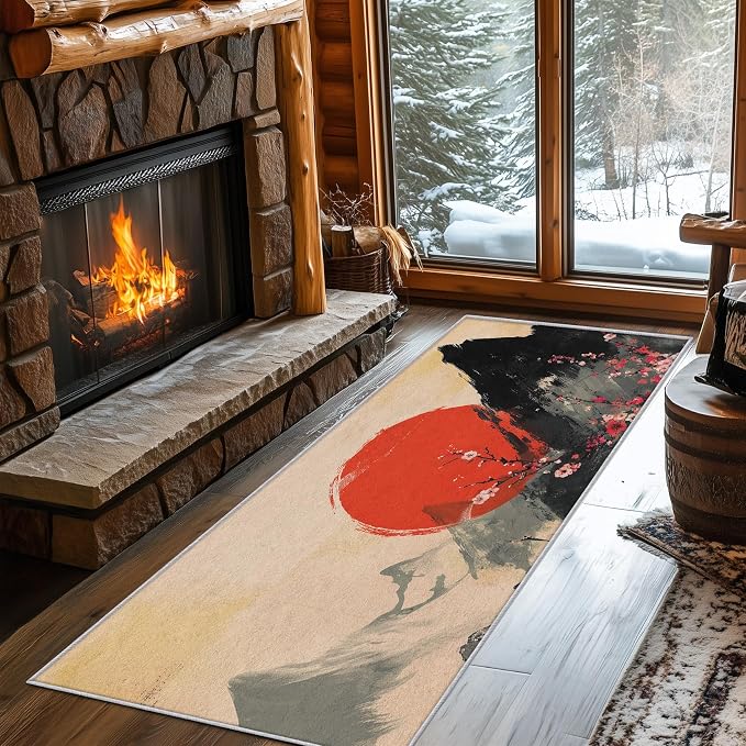 Japanese Runner Rug 2x6, Red Sun Cherry Blossom Mountain Landscape Design, Traditional Asian Art Area Rug Washable Hallway Rugs Non-Slip Floor Carpet Runner for Bedroom, Narrow Hallway, Kitchen Aisle
