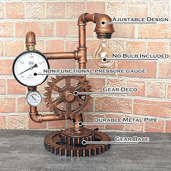 Ari Deco Industrial Steampunk Pipe Table Lamp (Dual Decorative Pressure Gauges) QTF-BT04