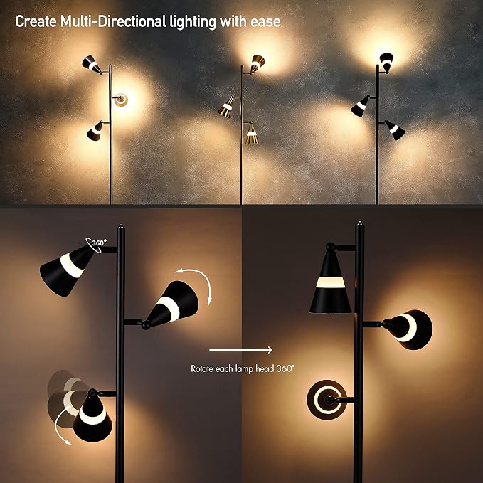 O’Bright Ash - 3-Light LED Tree Floor Lamp, Dimmable 3-Head LED, Multidirectional Standing lamp, Adjustable Multi-Shade, Swivel Cone Floor Lamp for Living Room, Bedroom, Black