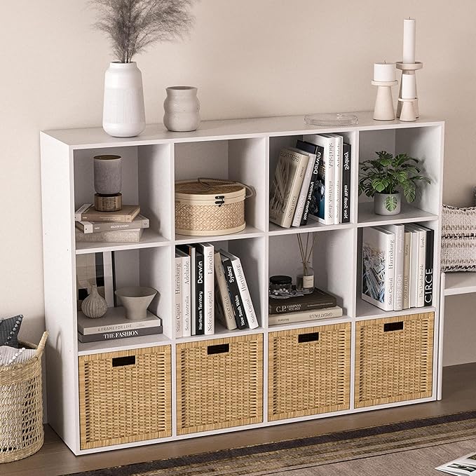Wooden 12 Cube Storage Organizer with Closed Back Panel,White Cube Shelf Cubby Storage Organizer with Compartments for Living,Bookshelf, Easy to Install (White, 12-Cube-11in)