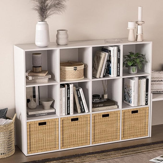 Wooden 12 Cube Storage Organizer with Closed Back Panel,White Cube Shelf Cubby Storage Organizer with Compartments for Living,Bookshelf, Easy to Install (White, 12-Cube-11in)