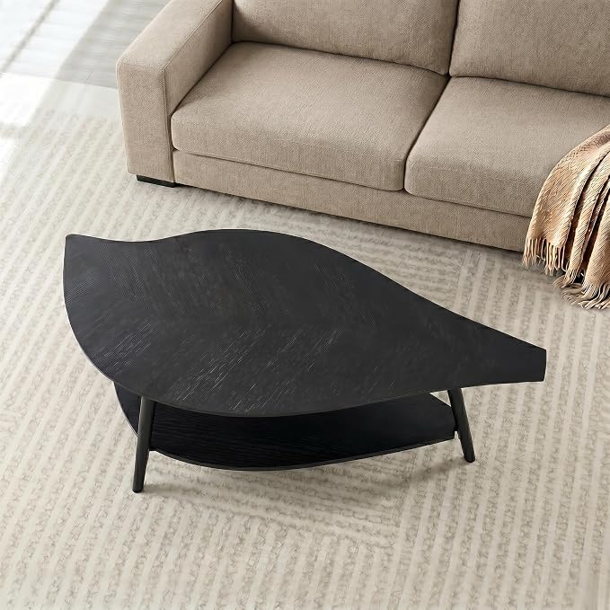 Small Coffee Table with Storage,Unique Leaf Handcrafted Marquetry,Mid Century Modern Oval Wooden Coffee Table,Natural Oak Veneer, Solid Wood Legs,for Living Room,Apartment(Black)
