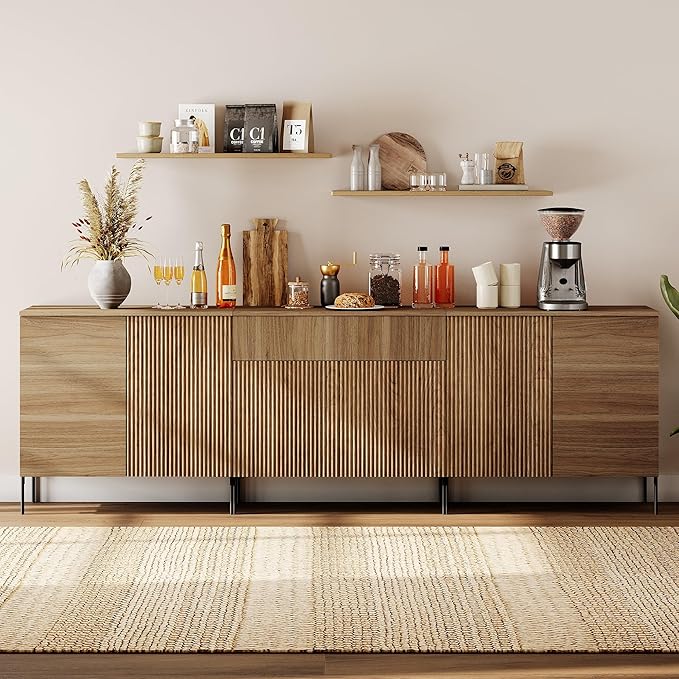 WAMPAT 94.5" Buffet Sideboard Cabinet with 1 Drawer & 6 Doors, 3-in-1 Fluted Sideboard with Adjustable Shelves, Modern Buffet Table Coffee Bar Wine Bar Cabinet for Dining Room, Living Room, Walnut