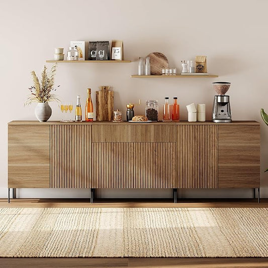 WAMPAT 94.5" Buffet Sideboard Cabinet with 1 Drawer & 6 Doors, 3-in-1 Fluted Sideboard with Adjustable Shelves, Modern Buffet Table Coffee Bar Wine Bar Cabinet for Dining Room, Living Room, Walnut