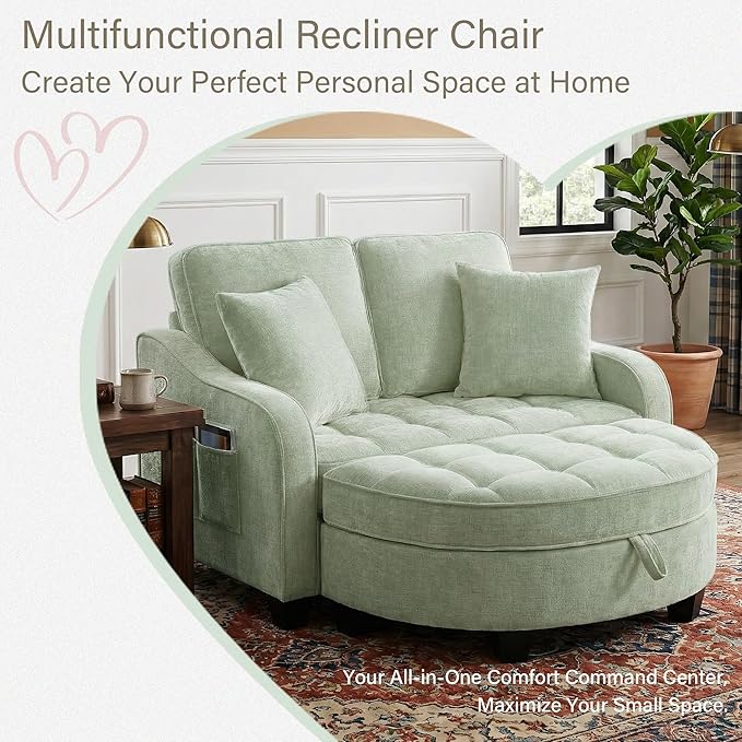Round Chaise Lounge Chair with Storage Ottoman, Oversized Bubble Chair and a Half Featuring Adjustable Backrest, Plush Reading Accent Chair and Ottoman Set for Bedroom, Mint Cyan