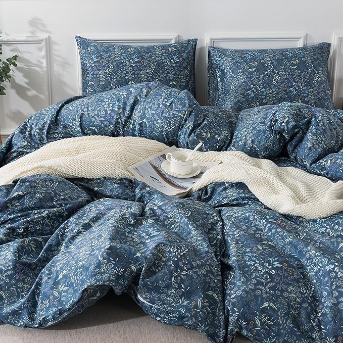 HoneiLife Duvet Cover Sets Twin - 100% Cotton Floral Comforter Cover, 2-PCS Breathable Bedding Set with Zipper Closure & Corner Ties, Wildflower Duvet Cover for All Season Use,Blueblack, King