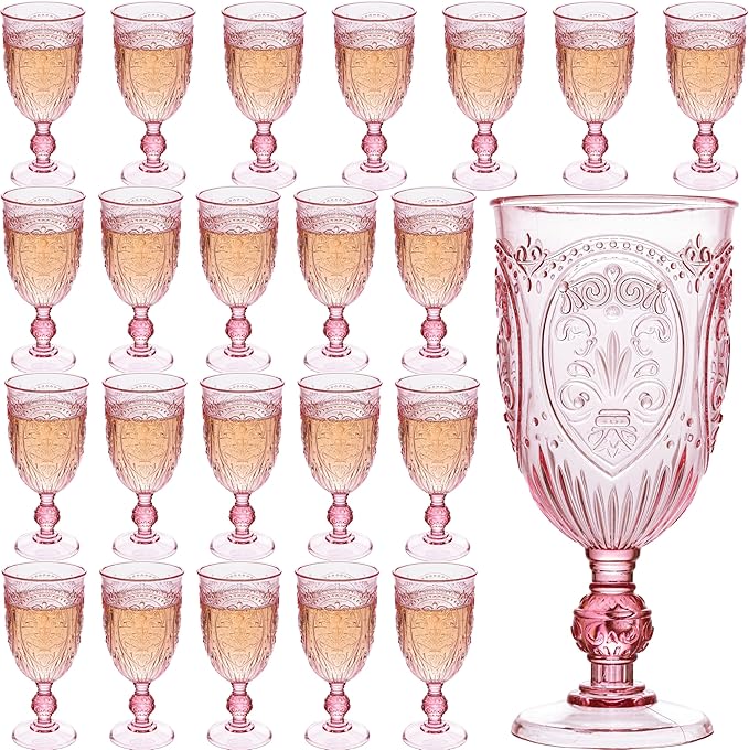 JLYLOL Plastic Wine Glasses 24Pcs Plastic Goblets 7.5oz Colored Retro Embossed Glassware Vintage Stemmed Drinking Cup Reusable Water Goblets for Wedding Reception Grand Event Party Bar,Whiskey (Pink)