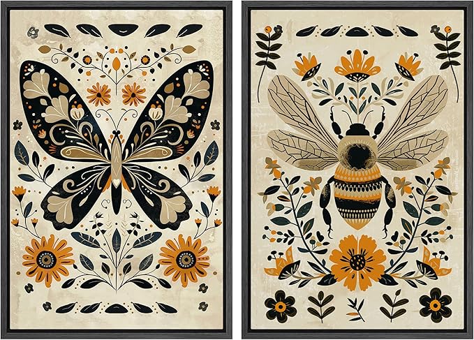 MUDECOR Framed Canvas Print Wall Art Set Butterfly Animals Botanical Bee llustrations Modern Art Decorative Bohemian Calm/Zen for Living Room, Bedroom, Office - 16"x24"x2 Black