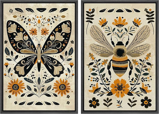 MUDECOR Framed Canvas Print Wall Art Set Butterfly Animals Botanical Bee llustrations Modern Art Decorative Bohemian Calm/Zen for Living Room, Bedroom, Office - 16"x24"x2 Black