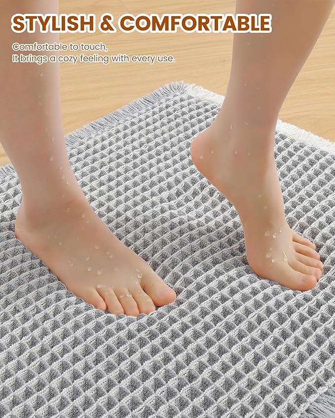 Smiry Waffle Bath Mat 24x16, Extra Soft Absorbent Bathroom Rugs, Non Slip Machine Washable Quick Dry Bath Rugs for Bathroom Floor, Tub, Shower, Home Decor Accessories, Lightgrey & Cream