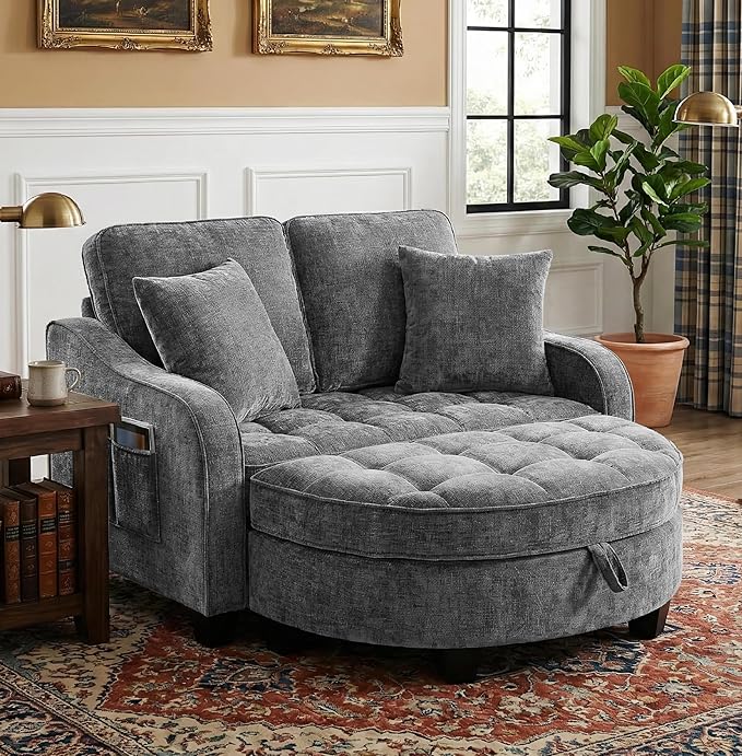 Round Chaise Lounge Chair with Storage Ottoman, Oversized Bubble Chair and a Half Featuring Adjustable Backrest, Plush Reading Accent Chair and Ottoman Set for Bedroom, Silver Grey