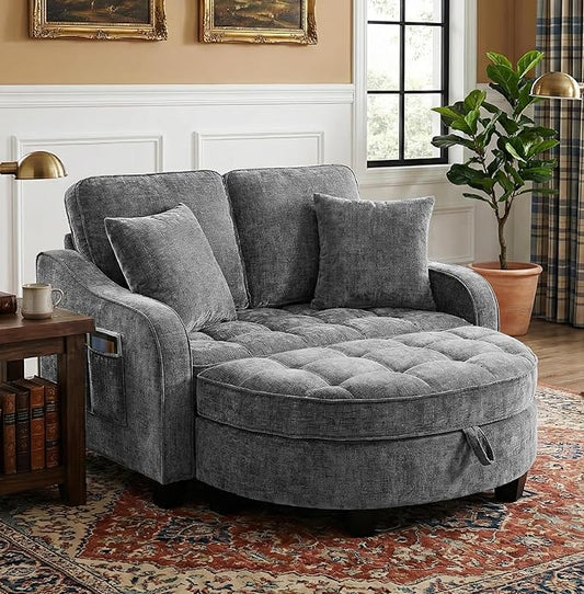 Round Chaise Lounge Chair with Storage Ottoman, Oversized Bubble Chair and a Half Featuring Adjustable Backrest, Plush Reading Accent Chair and Ottoman Set for Bedroom, Silver Grey
