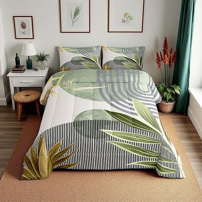 Erosebridal Mid Century Boho Bedding Set Toddler Size Modern Geometric Comforter Set,Minimalist Bedding Comforter Sets Abstract Retro Sun Aesthetic Arch Curve Leaves Quilt,Green Gold