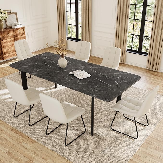 Extendable Dining Table Set for 6-8 People, 63 to 78.7 Inch MDF Kitchen Table with 6 Faux Leather Dining Chairs, Space-Saving for Dining Room, Breakfast Nook (Dark Grey Table & 6 White Leather Chairs)