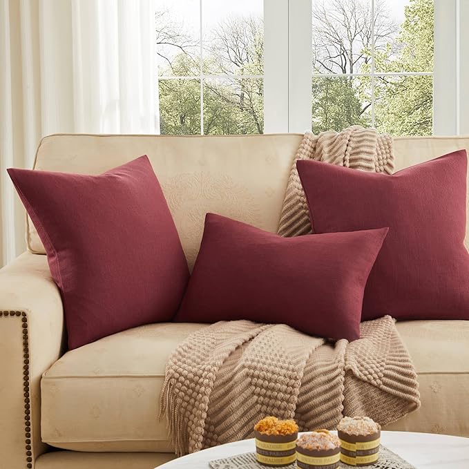 ZeeMart Rustic Cotton Linen Throw Pillow Covers Set of 2, 20x20 Inch Burgundy, Farmhouse Style Decorative Couch Pillow Cases Cushion Covers for Sofa Bed Living Room Home Decor