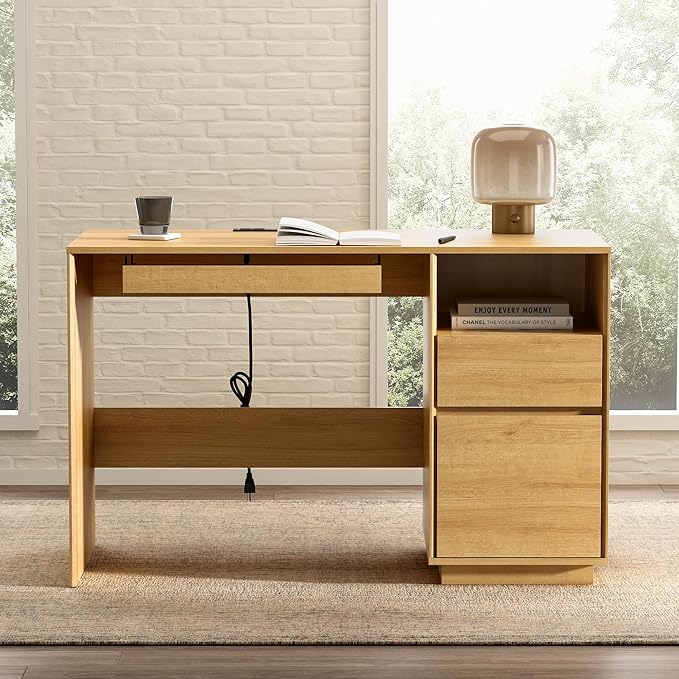 EYYTHUNG Home Office Desk, 47" Farmhouse Executive Desk with File Drawer & Outlet, Wood Computer Desks with Keyboard Tray, Workspace for Study Writing, Natural Oak