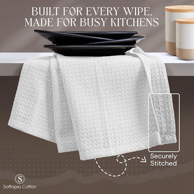 White Waffle Kitchen Dish Towels 100% Cotton, Soft, Absorbent, Quick Drying, Multipurpose Use, Bar & Hand Towels, 16x26 Inches, Durable, Machine Washable, Reusable, Set of 12