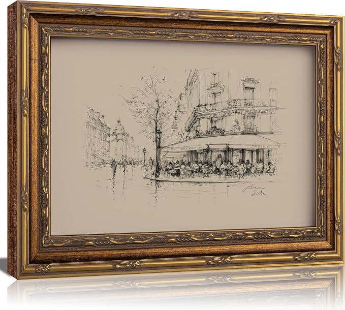 Vintage Gold Framed Black and White Sketch Wall Art French Cafe Sketch Canvas Prints Retro Paris City Landscape Poster Artwork French Bistro Wall Decor for Dining Room Kitchen Urban Decor12x16in