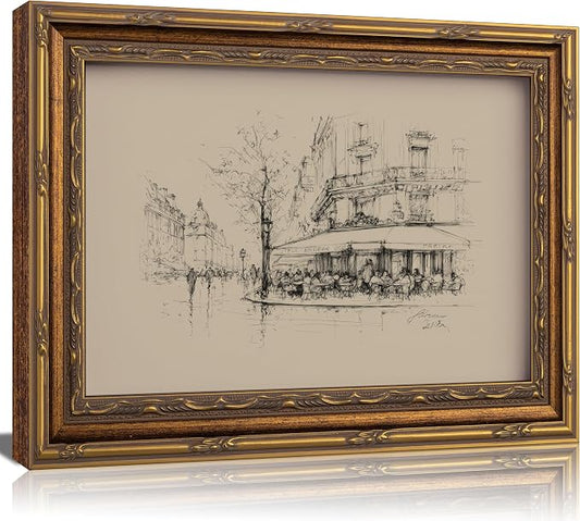 Vintage Gold Framed Black and White Sketch Wall Art French Cafe Sketch Canvas Prints Retro Paris City Landscape Poster Artwork French Bistro Wall Decor for Dining Room Kitchen Urban Decor12x16in