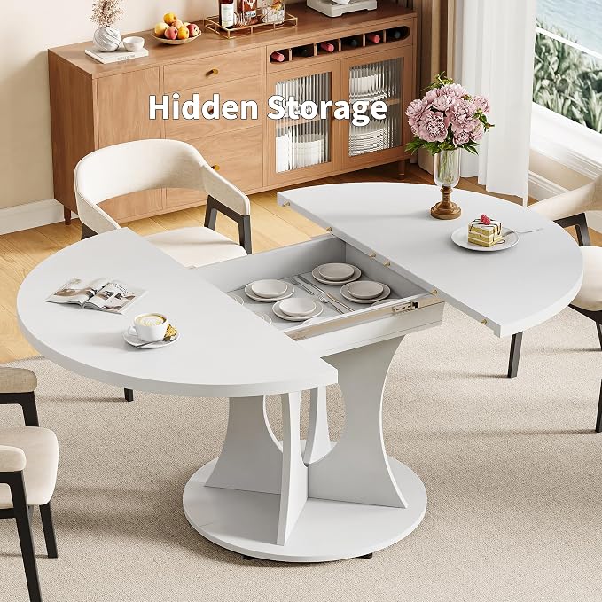 iPormis 43.3-59 Inch Extendable Round Dining Table for 6-8 People, Oval Dinner Table with Adjustable Top and A Stable Round Pedestal Base, Space Saving Wooden Kitchen and Dining Table, White
