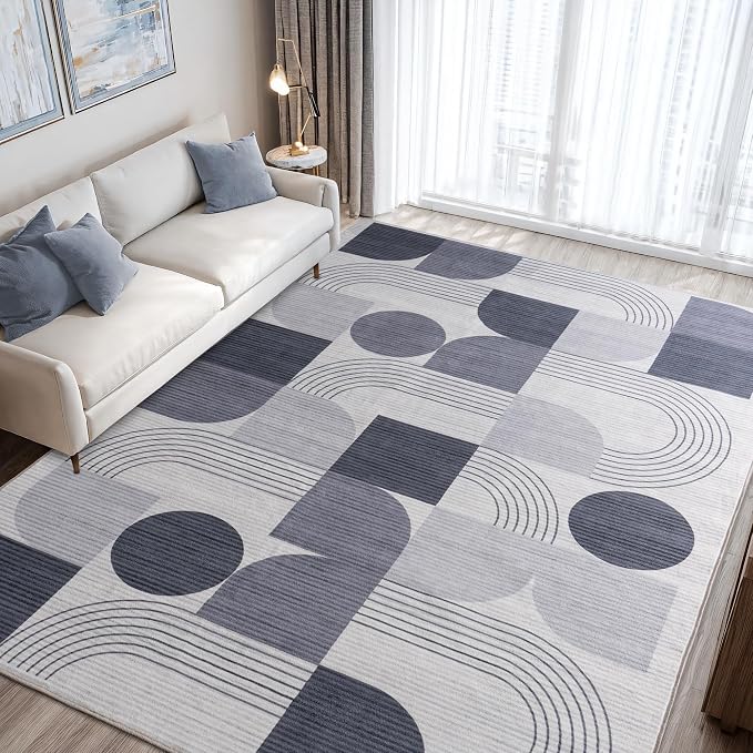 Large Machine Washable 9x12 Area Rug, Soft Modern Geometric Abstract Grey Rugs for Bedroom Living Room, Non-Shedding Faux Wool Indoor Throw Floor Carpet for Office Entryway Dining Room Decor