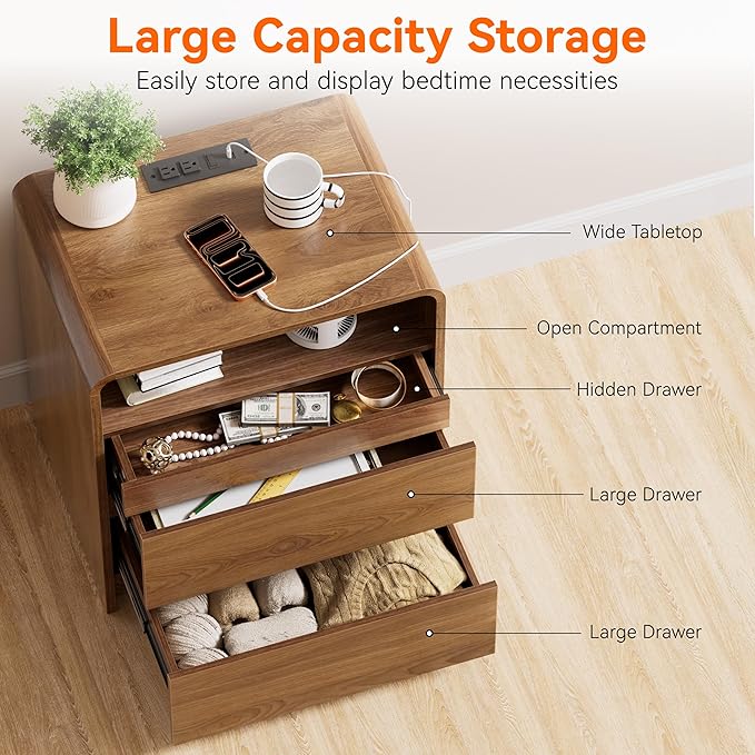23.8" Modern Nightstand with Hidden Drawers Walnut Night Stand with Charger Station Mid Century Bedside Table Curved Wood Side Table for Bedroom Dorm