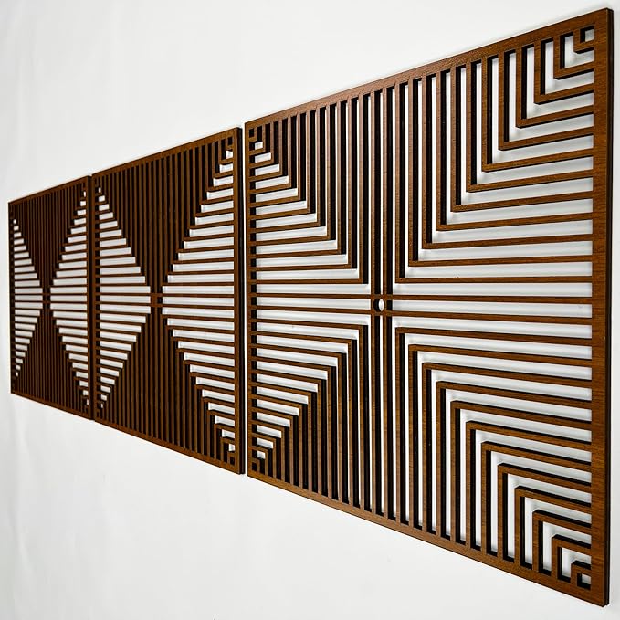 Geometric Art Deco Wood Wall Art Set of 3, Large Optical Line Square Panels, Mid Century Modern Wooden Decor, Aesthetic New House Gift for Living Room and Bedroom