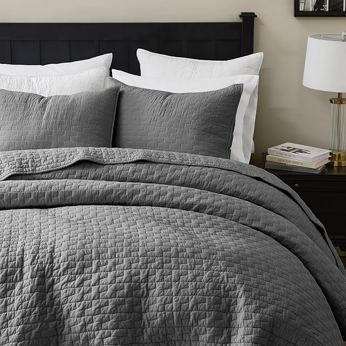 palassio Dark Grey 100% Cotton Quilt King Size Bedding Sets with 2 Pillow Shams, Textured Lightweight Soft Bedspread Shabby Chic Coverlet, Quilted Comforter Bed Cover for All Season, 3 Pieces