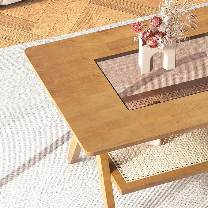 Mid Century Modern Coffee Table with Glass Top and Rattan Storage Shelf, Rectangular Natural Wooden Coffee Table, Unique Center Tables for Living Room Apartment Home, 39.4 Inch