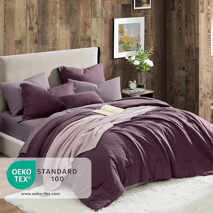 Geniospin Purple Queen Comforter Set - 7 Pieces Egglant Comforter Queen Size, Solid Bedding Set for All Season, Textured Bed in a Bag with Sheets