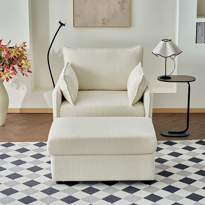 55" Modern Accent Chair with USB Ports, Storage Ottoman & Adjustable Holder, Corduroy Chaise Lounge for Reading in Apartment Living Room (Beige)