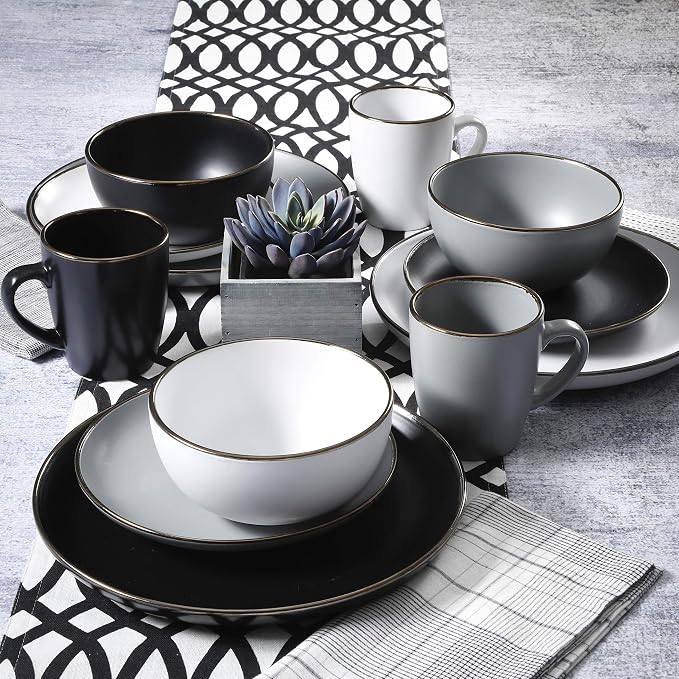 Gibson Home Rockaway 16-Piece Round Stoneware Dinnerware Set, Service for 4 – Black with Gold Rim Plates and Bowls, Microwave & Dishwasher Safe