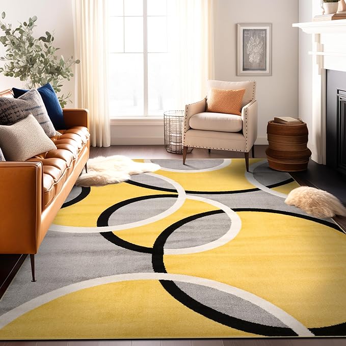 Rugshop Contemporary Abstract Circles Area Rug, Fade-Resistant Carpet for Living Room, Bedroom, or Dining Room, Yellow, 7'10" x 10'2"