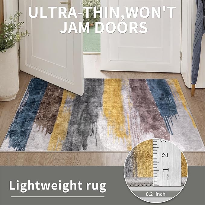 Ciicool 5ft Round Washable Rug, Modern Abstract Circle Rugs, Non-Slip Thin Lightweight Rug Yellow Blue Circular Print Distressed Carpet for Bedroom Living Room Under Dining Table Home Office Decor