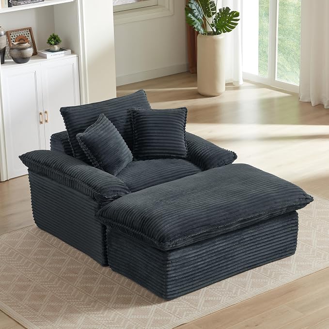 52" Boneless Chaise Lounge – Oversized Chaise Lounge Chair Indoor with Ottoman, Cup Holder & 3 Pillows, Corduroy 3-in-1 Floor Sleeper Chair Bed for Adults, Reading, Napping,Dark Grey