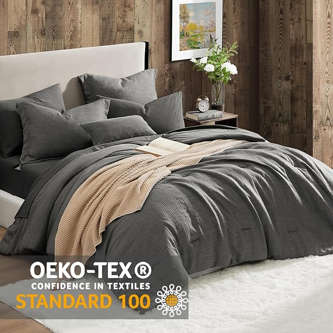 Geniospin King Size Comforter Set- 7 Piece Grey Textured King Bedding Set, Soft Solid Bed in a Bag for All Season, King Comforter Set with Sheets(Grey,102''x90'')