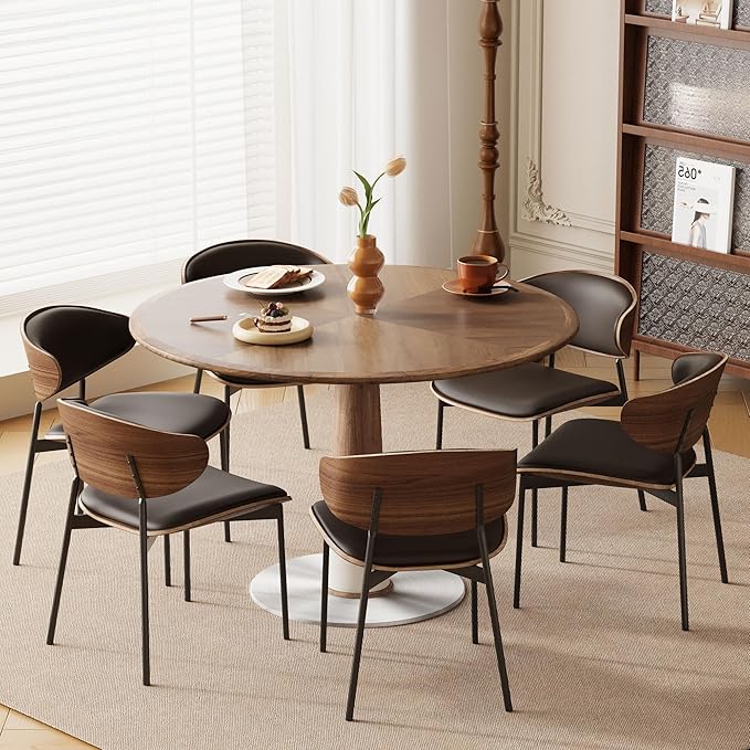 Modern Round Dining Table for 4-6 People, 47.2" Small Circle Pedestal Kitchen Table with Metal Base for Dining Room, Kitchen or Living Room, Walnut