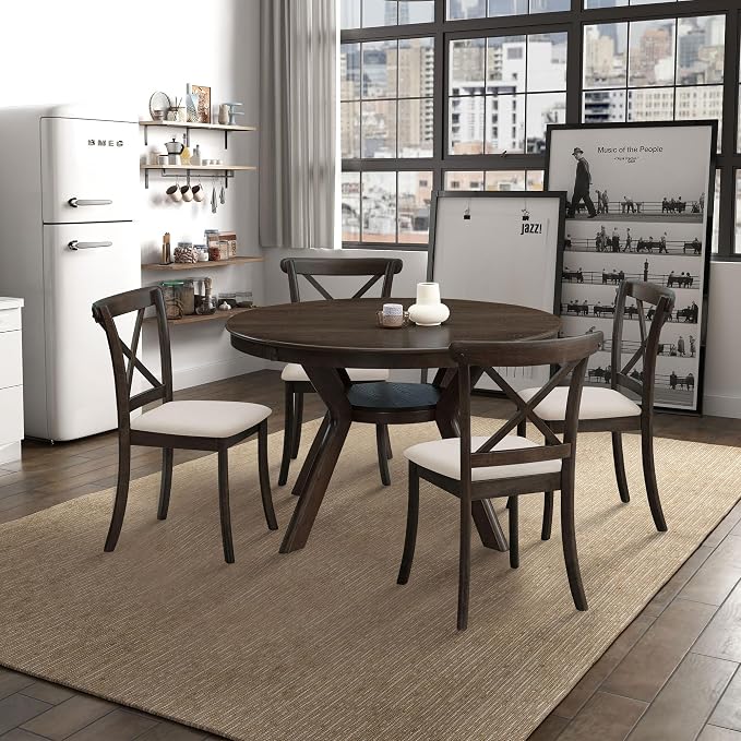 JUSTONE 47.2''Round Dining Table for 4,Modern Kitchen Table Wooden Trestle Pedestal Base,Minimalist Elegant Dining Table for Living Room, Dining Room,Small Space(φ47.2"x29.9"H,Brown)