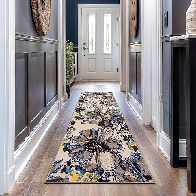 Rugshop Cream Bright Flowers Non Slip Non-Shedding Runner Rug for Hallway, Entryway and Kitchen, 2'7" x 10'