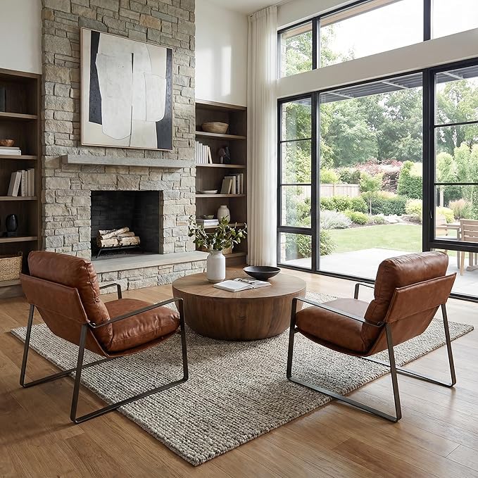 LukeAlon Modern PU Leather Accent Armchair, Upholstered Lounge Chair with Brass Metal Frame Thickened Cushion Comfy Leisure Chair with Lychee Grain for Bedroom Living Room, Brown