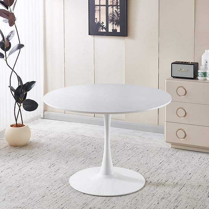 42-inches White Round Dining Table, Modern Tulip Kitchen Table with Thickened Tabletop & Sturdy Pedestal Base, Tulip Shape Table for Small Places, Living Room, Office, Cafe