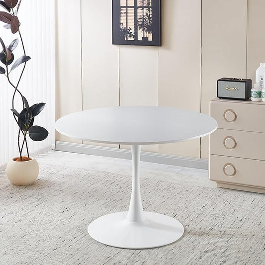 42-inches White Round Dining Table, Modern Tulip Kitchen Table with Thickened Tabletop & Sturdy Pedestal Base, Tulip Shape Table for Small Places, Living Room, Office, Cafe