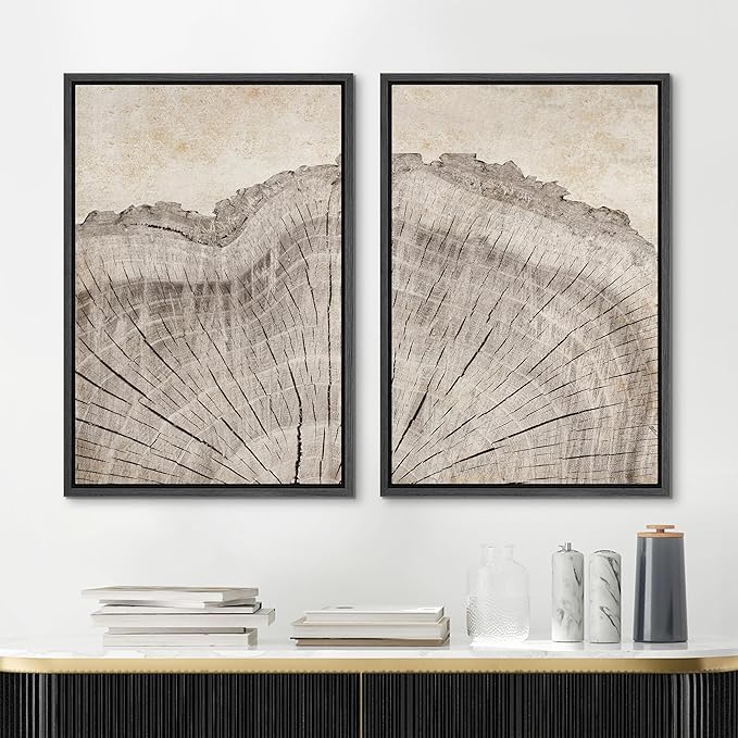 MUDECOR Framed Canvas Print Wall Art Oak Wood Tree Rings Nature Illustration Modern Art Decorative Multicolor Geometric Minimal for Bedroom - 16"x24"x2 Black