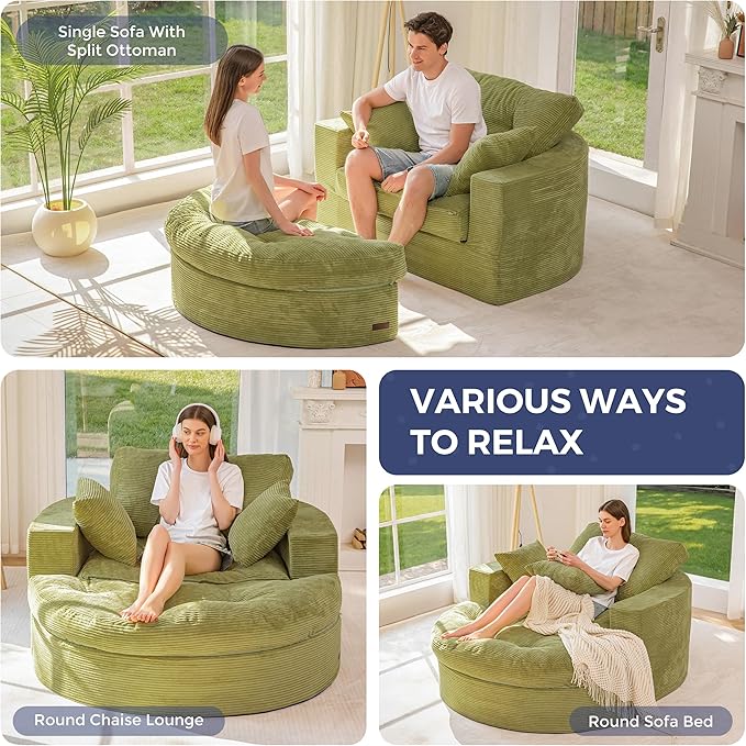 MAXYOYO Oversized Round Chaise Lounge Sofa, Upholstered Lounge Chair with 3 Pillows, Boneless Sofa Couch with Ottoman, Deep Seat Chair for Living Room, No Assembly, Green