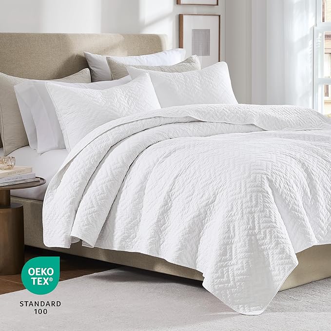 palassio White 100% Cotton Quilt King Size Bedding Sets with 2 Pillow Shams, Lightweight Textured Farmhouse Country Bedspread Soft Shabby Chic Patterned Coverlet for All Season, 3 Pieces