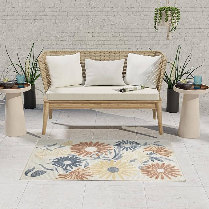 Nourison Home Aloha Ivory Rose 2'8" x 4' Area Rug - Easy Clean, Non Shedding, Bed Room, Living Room, Dining Room, Kitchen (3' x 4')